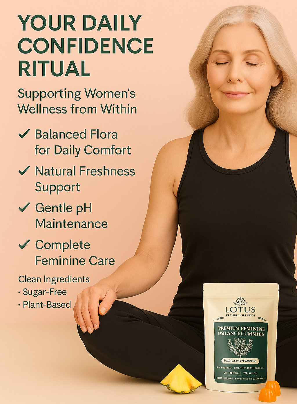 Woman sitting in a lotus position with a product labeled 'Lotus' on a beige background, promoting women's wellness.