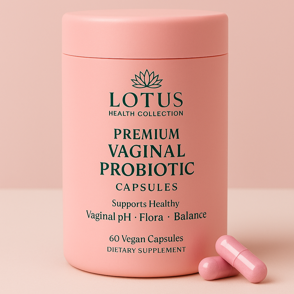 Pink container of Lotus Health Collection Premium Vaginal Probiotic Capsules on a pink background