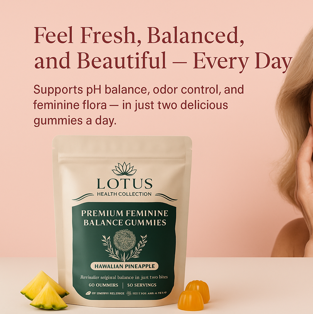Advertisement for Lotus Health Collection feminine balance gummies with a woman on a pink background.